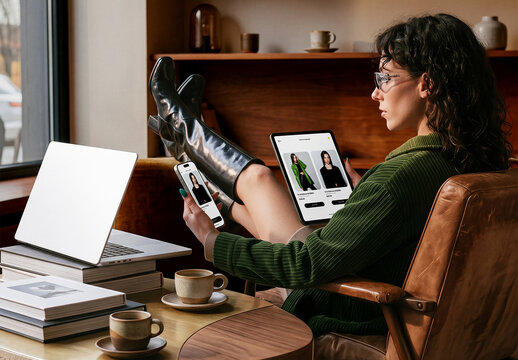 Woman Using Smartphone and Tablet in Cafe Lounge Scene Mockup