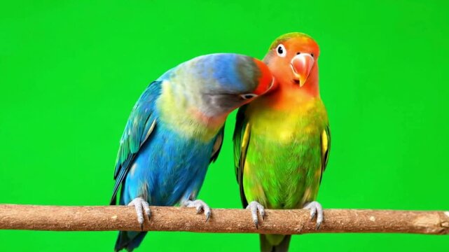 Two colorful lovebirds a vibrant pair of parrots perched closely on a branch symbolizing affection and companionship against a bright green screen background for easy compositing