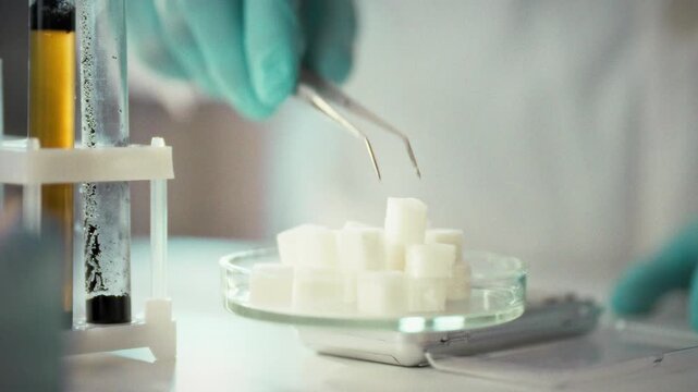 In bright laboratory, scientist researcher carefully conducts experiment analyzing solid sugar crystals, documenting their properties to advance understanding sweet compounds in scientific research