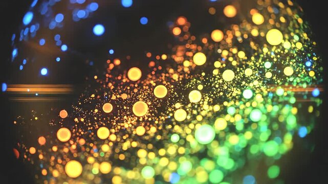 Spherical bokeh particles transitioning from cyan-blue to crimson-pink with anamorphic horizontal lens flare effects