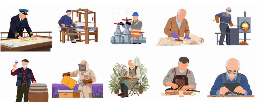 Set of various professional workers, traditional craftsmen, and skilled artisans in flat vector illustration style