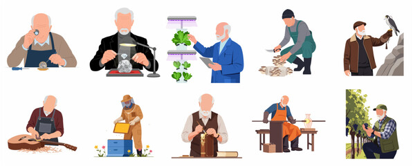 Fototapeta premium Vector collection of senior men engaged in diverse professional crafts and traditional hobbies such as watchmaking, beekeeping, glassblowing, and gardening.