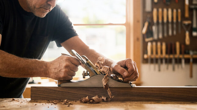Middle-aged carpenter skillfully smooths a wooden plank using a hand plane in a traditional workshop filled with natural sunlight.