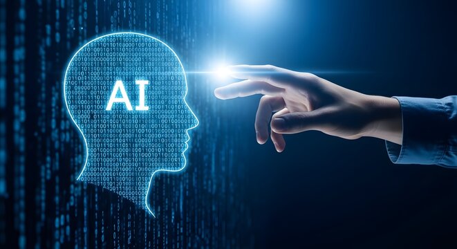 Artificial intelligence concept hand interacting with ai brain made of binary code