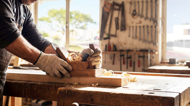 Middle-aged carpenter skillfully smooths a wooden plank using a hand plane in a traditional workshop filled with natural sunlight.