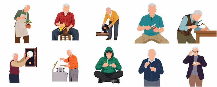 Collection of flat vector illustrations depicting elderly men in different retirement hobbies including gardening, sewing, and craftsmanship.