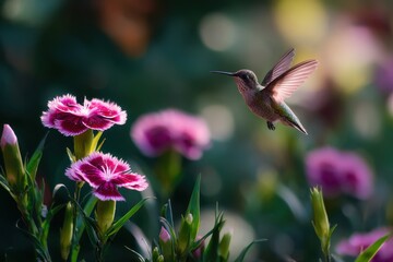 Fototapeta premium Pollinator Visit: Hummingbird Near Pink Dianthus Blossoms in Morning Light