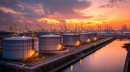 Naklejka premium Petroleum tank farm and pipeline network at a busy energy terminal