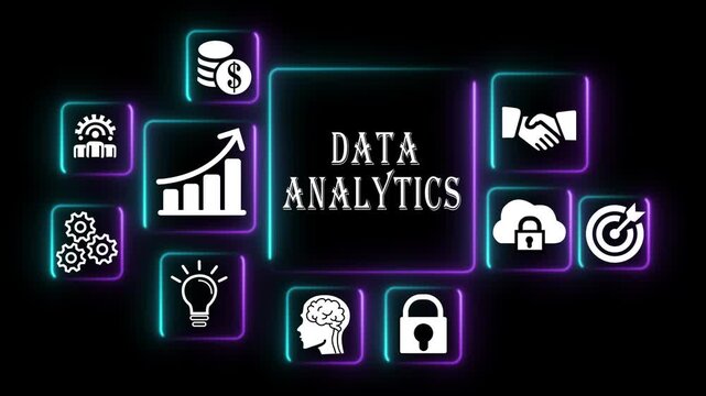 Data analytics concept with neon infographic for business intelligence and digital marketing strategy 4k