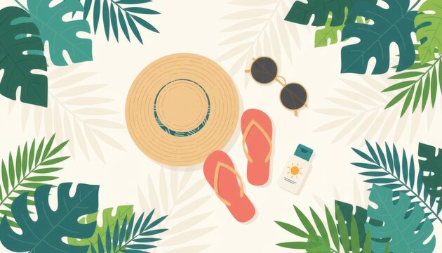 Tropical summer vacation flat lay, beach accessories with straw hat and flip flops, exotic palm leaf border on beige background