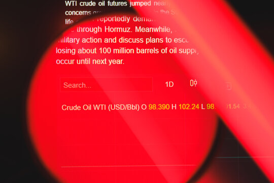 WTI crude oil futures market news and price data viewed through a magnifying glass with red light, global energy crisis and oil price fluctuation analysis concept