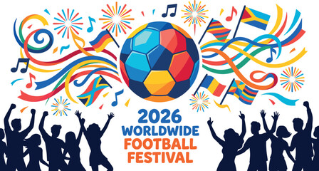 Naklejka premium Colorful illustration of 2026 Worldwide Football Festival celebration with people soccer ball and flags
