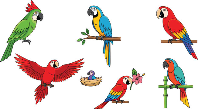 Parrot Icon Set Featuring Colorful Parrots, Macaws, and Tropical Birds on Branches, Nests, and Flowers for Animal and Nature Designs