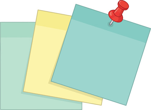 Set of three colorful adhesive sticky note paper squares in mint green and pale yellow pinned to a white wall with a bright red plastic push pin