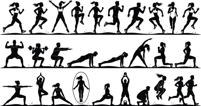 Black and white exercise and yoga poses silhouettes isolated on white background, Vector