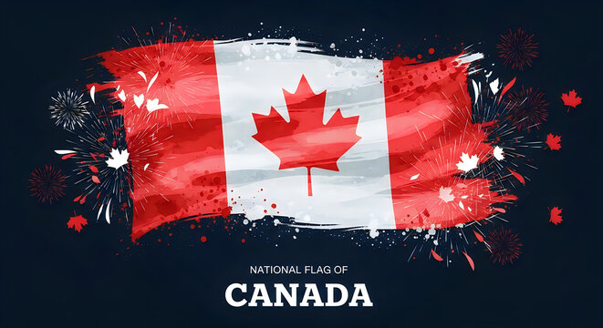 Canadian flag with fireworks and paint splatter celebration design