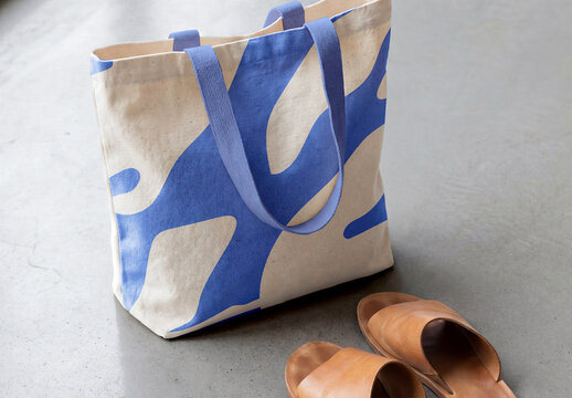 Canvas Tote Bag on Floor With Sandals Mockup