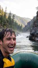 Fototapeta premium Man rafting on wild river. Excited male adventurer enjoying white water rapids in canyon. Summer outdoor extreme sport, adrenaline rush and active leisure in nature, recreational trip.