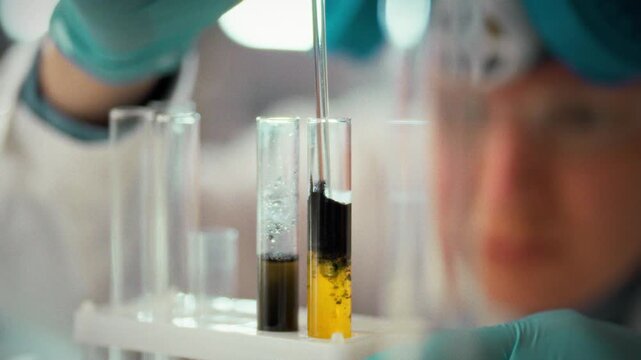 In laboratory, lab worker conducts an experiment, swirling liquids and powders with glass rod and precision tool. The meticulous mixing advances research, highlighting careful scientific methodology