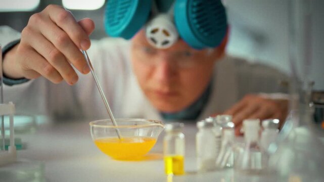 Laboratory assistant in protective glasses and mask carefully pours bright liquid while conducting experiment in well-equipped scientific laboratory. Work with safety protocols yields reliable data