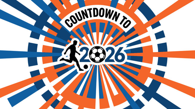 Countdown to 2026 soccer player kicking ball with sunburst design