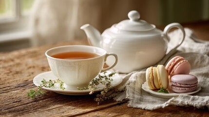 Fototapeta premium Pastel macarons and a cup of English breakfast tea beside a classic teapot