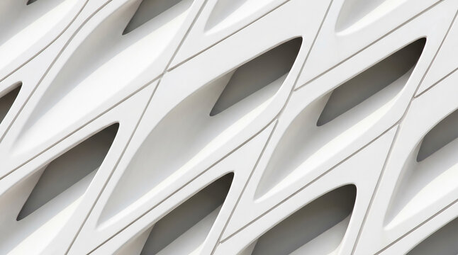 Minimalist white parametric facade mimicking organic cellular structures with sharp geometric openings