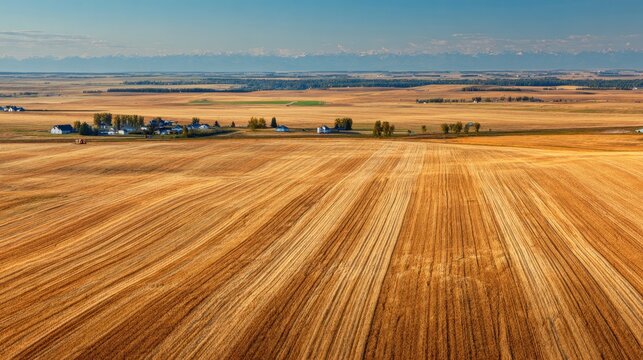 Prairie aerial photograph of a tractor-driven swather cutting barley
