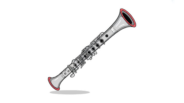 a silver oboe with red accents on white background