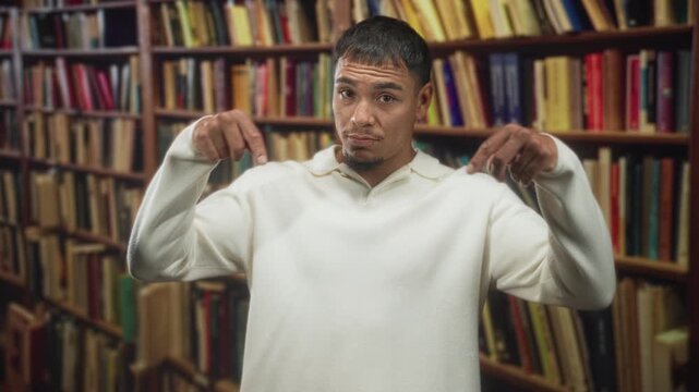 Man pointing down with both hands at books on a wooden bookshelf in a building, wearing white sweater and necklace while smiling; invitation playful.