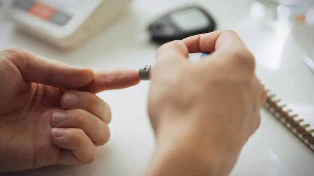 Man carefully uses lancet device prick his finger, enabling precise blood sugar measurement. medical device essential managing diabetes monitoring overall health wellbeing through regular measurement