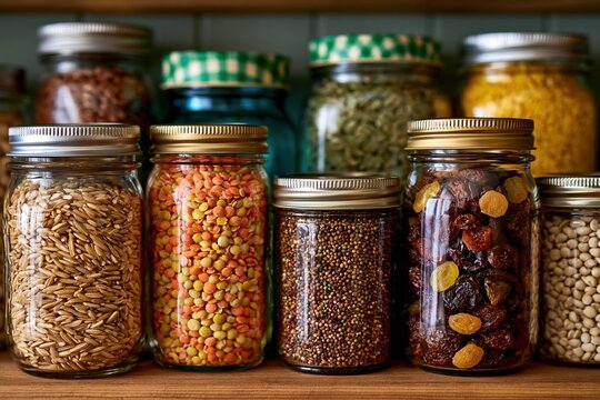 Pantry shelf organized with glass jars of grains, lentils, seeds, and dried fruit
