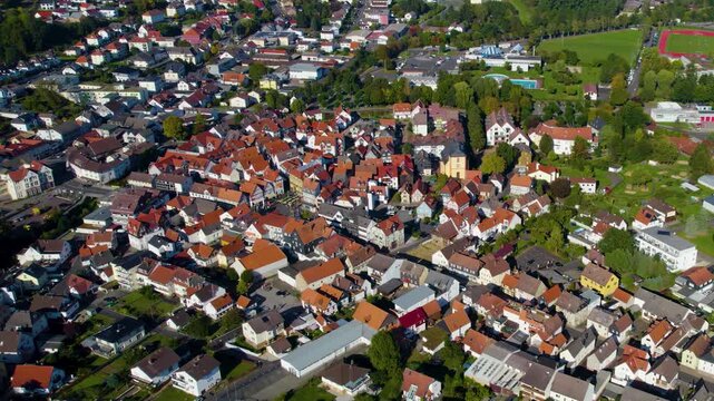 Aerial view of the city Nidda in Germany, hesse on a sunny morning in late summer.