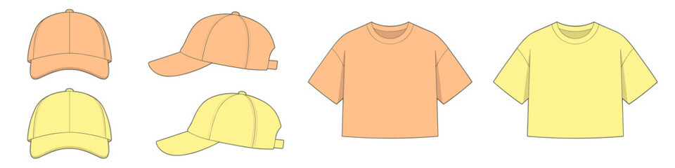 Naklejka premium Set of casual clothing mockups. Peach and yellow crop t-shirt and baseball cap, front and side views. transparent background vector illustration