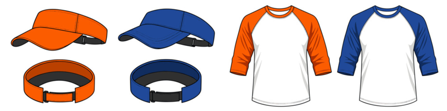 Sportswear collection for baseball. Blue and orange sun visor cap and raglan 3/4 sleeve t-shirt, transparent background vector illustration