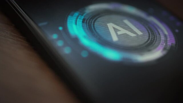 On sleek smartphone, AI assistant's interface animates, visually linking the smart assistant to the device. This vivid installation sequence highlights artificial intelligence powering modern gadget
