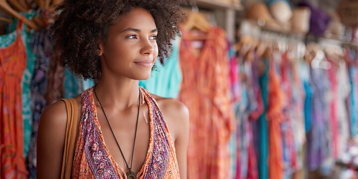 Ethnic woman is shopping for colorful sun dresses in the retail store display 