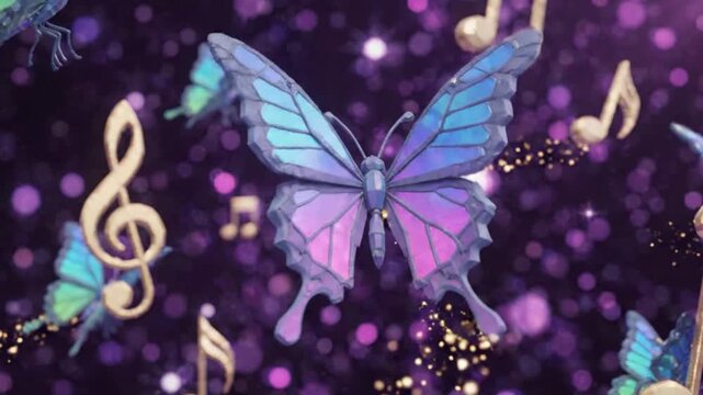 Magical Butterfly and Music Notes Sparkle on Dark Purple Bokeh Background