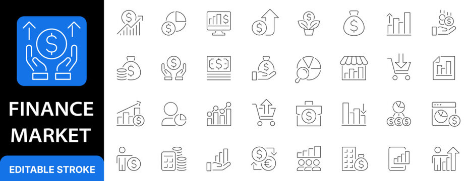 Finance Market icon set. Stock market.  Investment. Editable stroke. Vector illustration