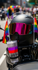 Fototapeta premium Black motorcycle helmet with pink goggles, adorned with rainbow flags and a colorful drink, symbolizing pride and celebration in a parade setting