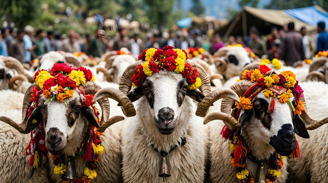 Decorated sheep in colorful floral headpieces in bright outdoor festival lighting for cultural event