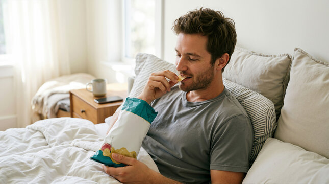 Man relaxing in bed drinking coffee and eating chips on cozy morning for advertising social media banner website marketing and commercial editorial use