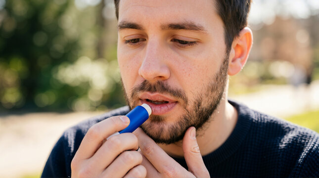 Man applying lip balm outdoors on sunny day for advertising social media banner website marketing and commercial editorial use