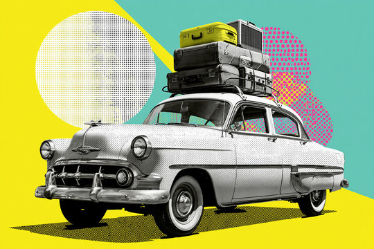 Retro car with suitcases on roof. Vintage vehicle loaded for summer vacation travel. Creative collage art with pop art style vector elements. Trip adventure concept for tourism and holiday getaway