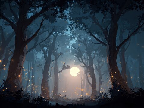 Enchanted forest at night with glowing fireflies and a full moon shining through dark trees in a mystical woodland landscape
