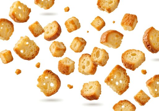 Assorted golden brown crackers floating against a white background