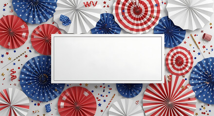 Obraz premium American Independence Day Fireworks Explosion with Festive Red White and Blue Celebration Colors, Colorful Fireworks Explosion Night Sky Background with Patriotic American Holiday Celebration Theme