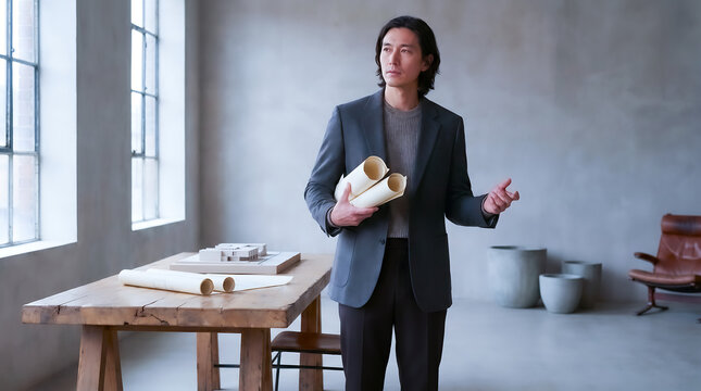 A smiling business woman sitting at an office desk and a handsome businessman working in a cafe holding a coffee cup while people have lunch at a restaurant table