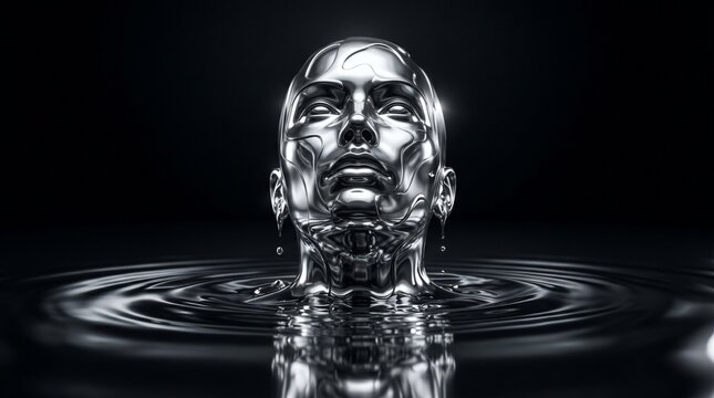 Abstract metallic silver face emerging from dark water in dramatic lighting