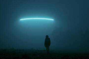 Fototapeta premium Woman standing in dark fog looking at glowing unidentified flying object in sky. Mysterious cinematic scene of extraterrestrial